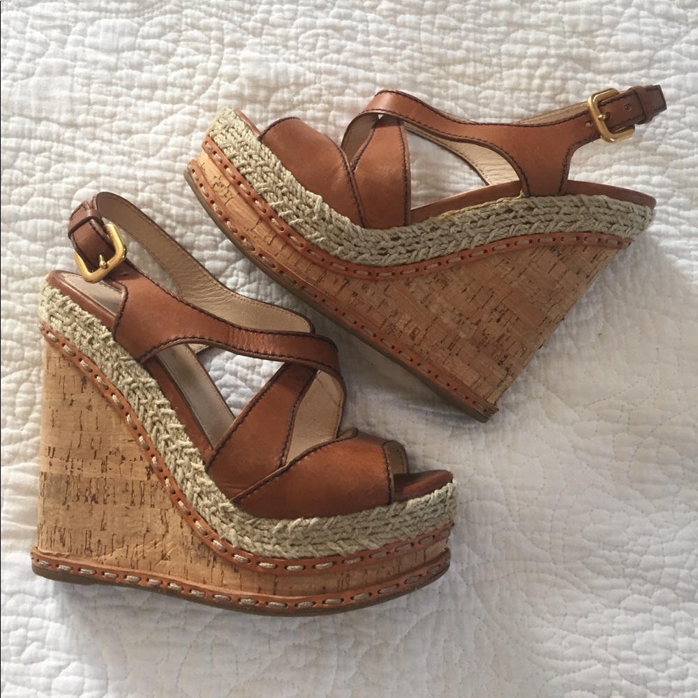 Prada Cognac Leather Cork Wedge Espadrilles